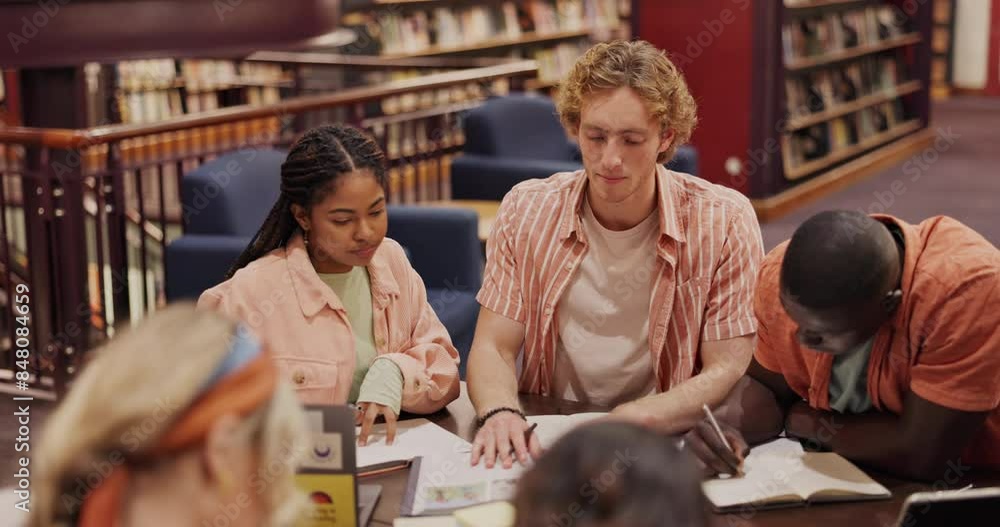 Aufkleber university library, students and discussion with books for communication, learning or knowledge. edu