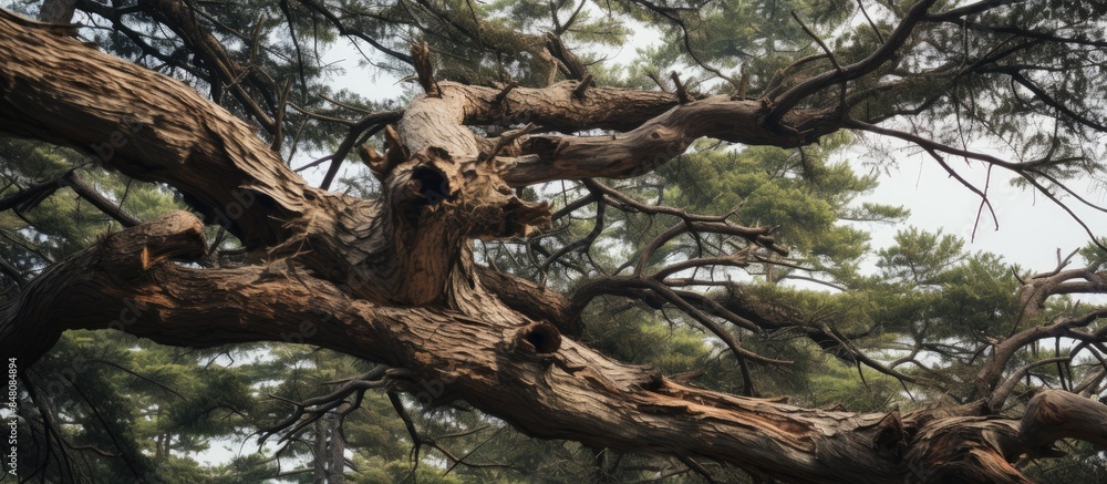 Poster trunk and branches of pine. Creative banner. Copyspace image
