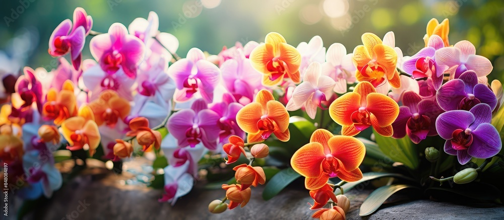 Aufkleber various colorful orchids in natural background. creative banner. copyspace image