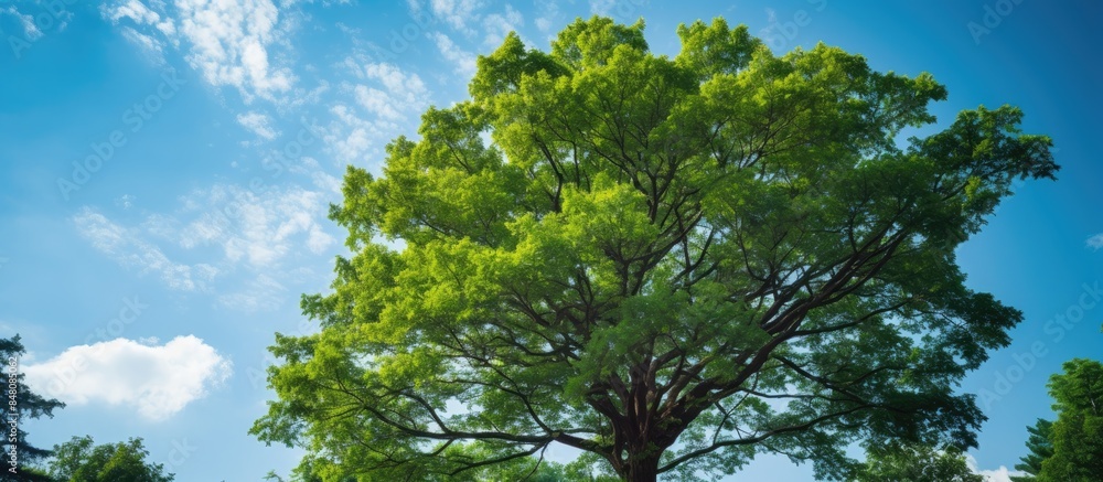 Poster big tree on garden up to sky. creative banner. copyspace image