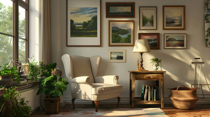 A cozy living room with a wingback chair and wooden side table, a collection of framed landscapes on the wall, a table lamp, and a single woven basket.