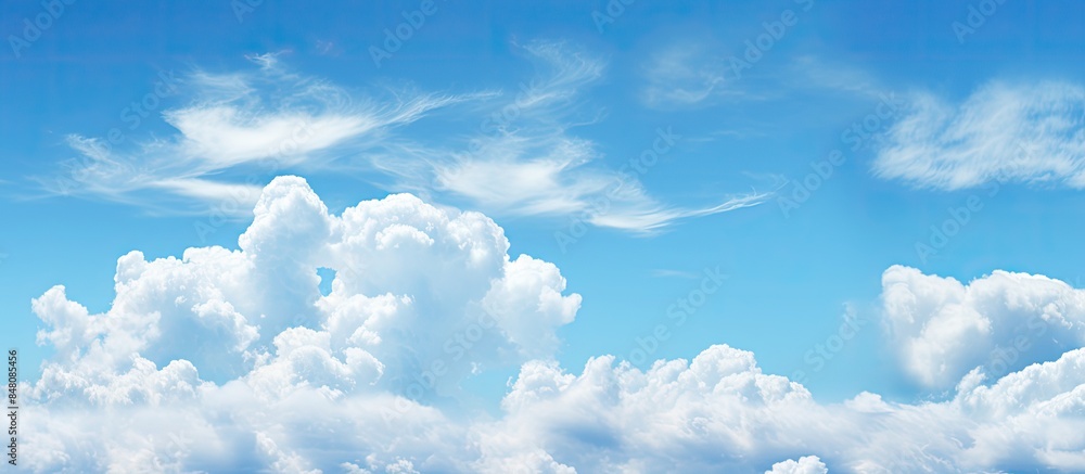 Poster blue sky with clouds view background wallpaper. creative banner. copyspace image