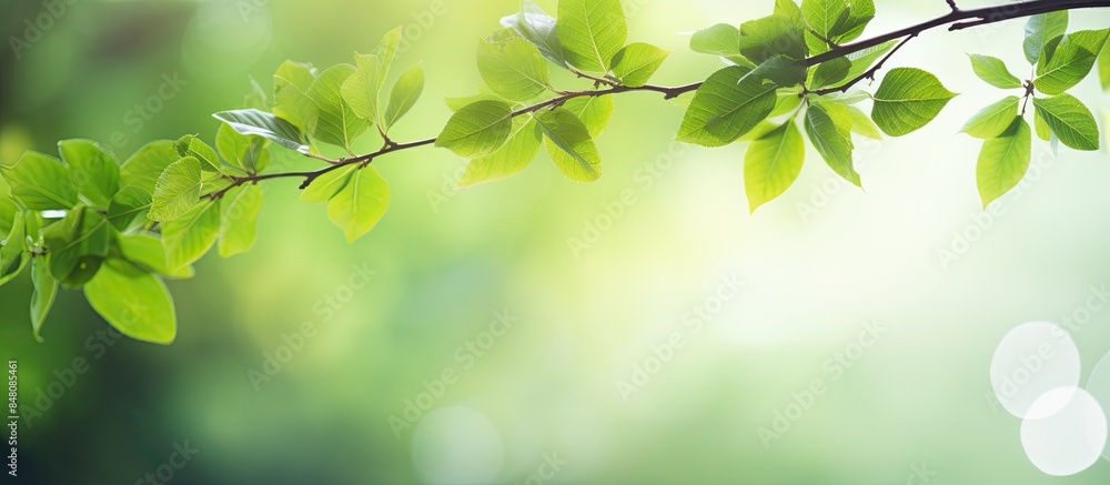 Sticker Tree branch over blurred green leaves background nature background. Creative banner. Copyspace image