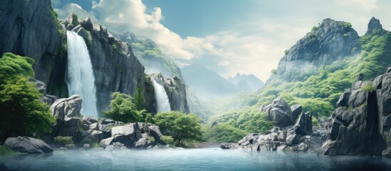 Refreshing summer mountain waterfall background. Creative banner. Copyspace image