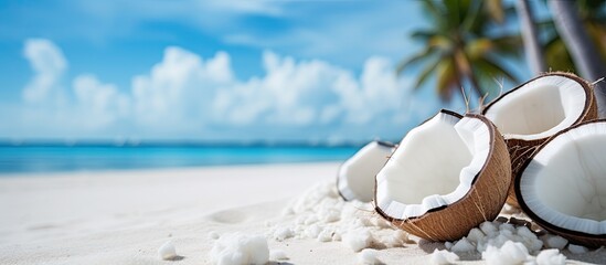 Dried coconut on the sandy background. Creative banner. Copyspace image