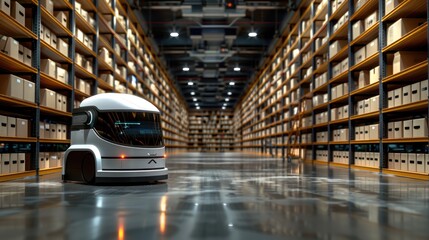 Futuristic logistics facility with robots autonomously managing packages and holographic displays showcasing real-time data