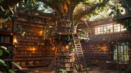 tree house style library, cozy interior, peaceful atmosphere, dreamy atmosphere, natural light