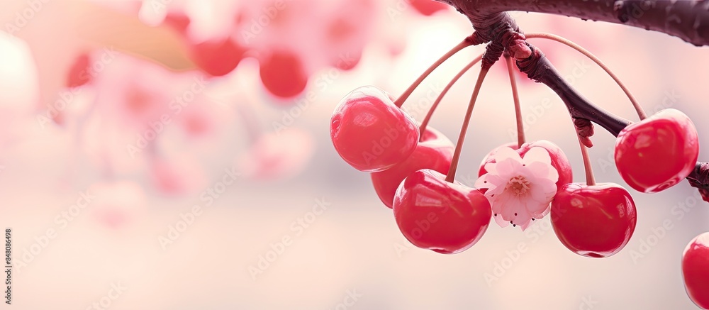 Poster cherry red fruit with blur and soft focus. creative banner. copyspace image
