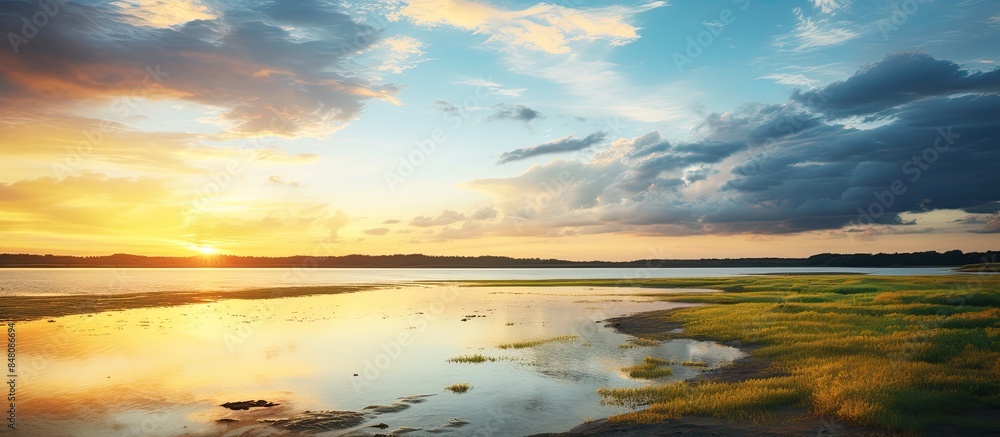 Aufkleber yellow sunset where the river flows into the sea there are low blue clouds in the sky. creative bann