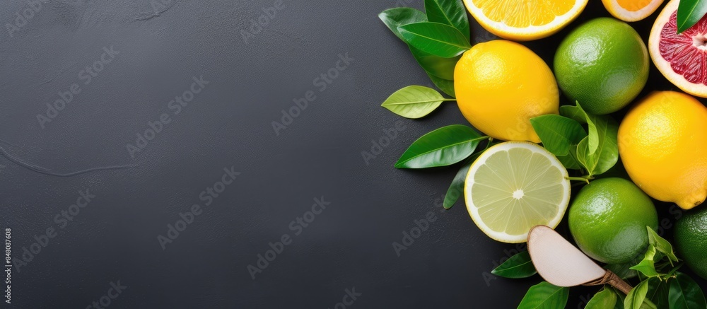 Poster different fresh citrus fruits and leaves in bowl on table top view. creative banner. copyspace image