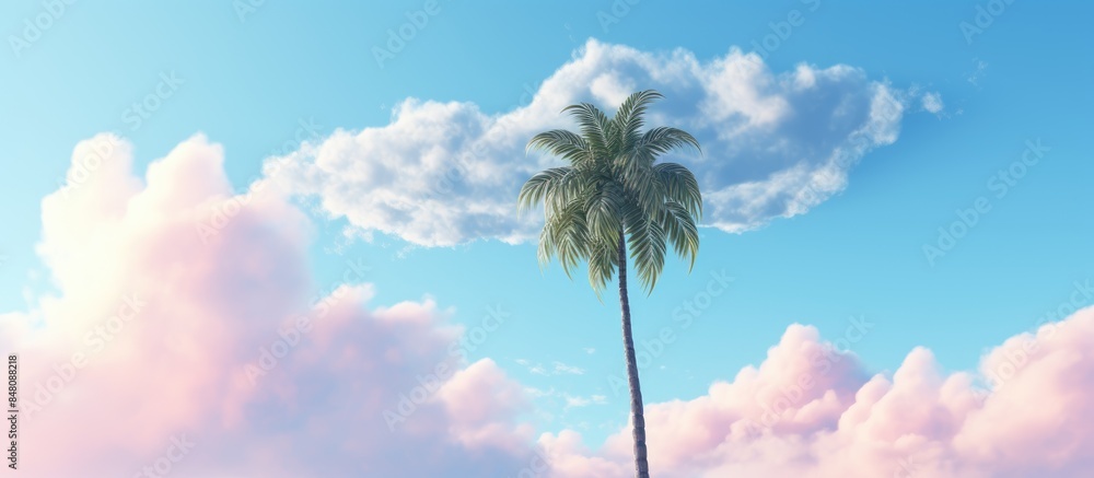 Sticker Palm tree with white puffy clouds perfect for cover art or background. Creative banner. Copyspace image