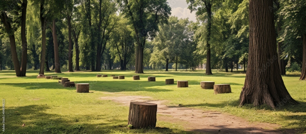 Canvas Prints the trail is covered with wooden stumps overgrown with grass in the background trees and paths recre