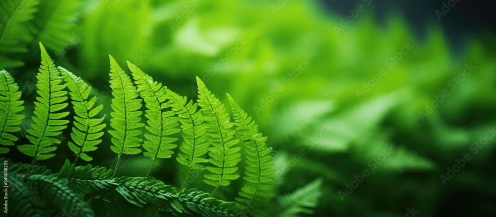 Wall mural macro Photo of green fern petals The plant fern blossomed Fern on the background of green plants. Creative banner. Copyspace image - Wall murals