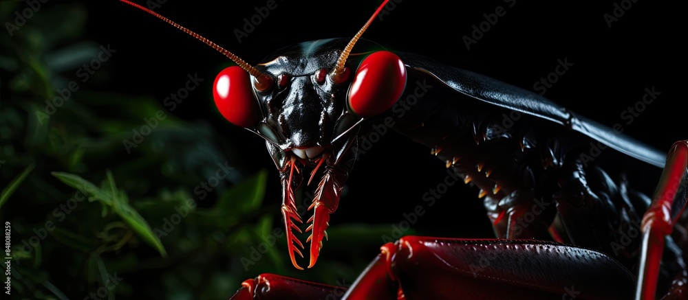 Poster mantis on close up. creative banner. copyspace image
