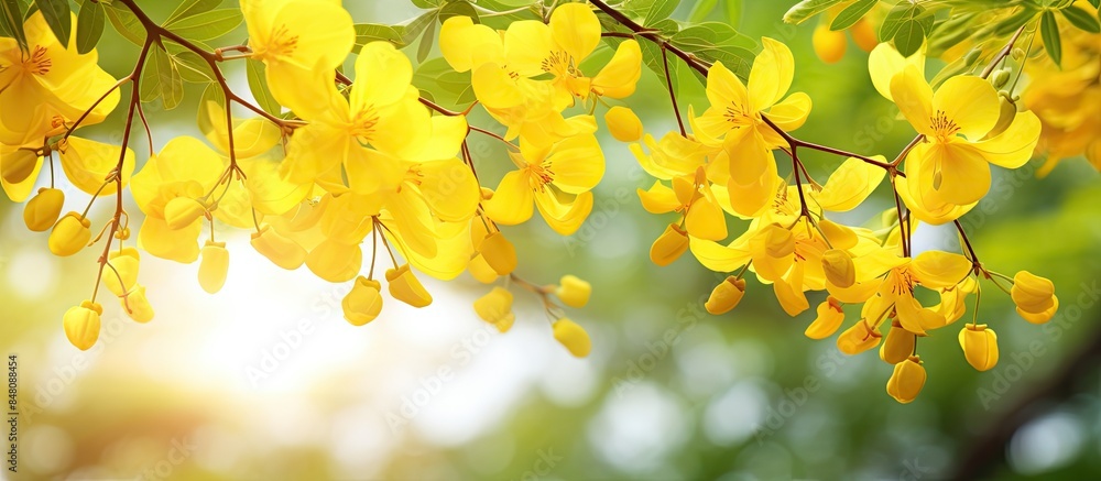 Poster close up soft focus the golden shower tree blooming with nature blurry background cassia fistula flo