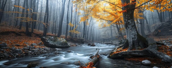 Misty autumn forest scene with a flowing river, surrounded by colorful fall foliage and serene atmosphere.