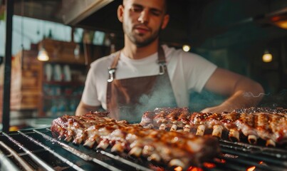 A focused male chef is expertly grilling assorted meats over a smoking barbecue grill in a culinary setting.