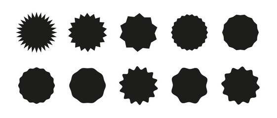 Circle sticker set. Wavy edge promo black badges. Star burst shape tags for price. Blank sale stickers. Simple silhouette. Flat vintage labels. Graphic illustration.