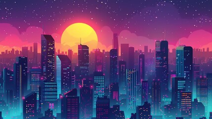 A retro-style cityscape with a glowing sun and stars in the night sky.