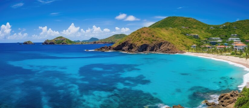beautiful view of the ocean and beach from colombier St barth. Creative banner. Copyspace image