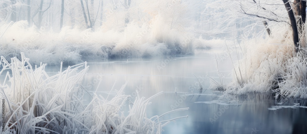 Poster close up of a swampy edge of pond in winter. creative banner. copyspace image