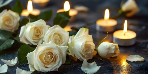 Obraz premium Sympathy Card Featuring White Roses and Candlelight for a Serene Funeral Background. Concept Funeral Tribute, White Roses, Candlelight, Sympathy Card, Serene Background