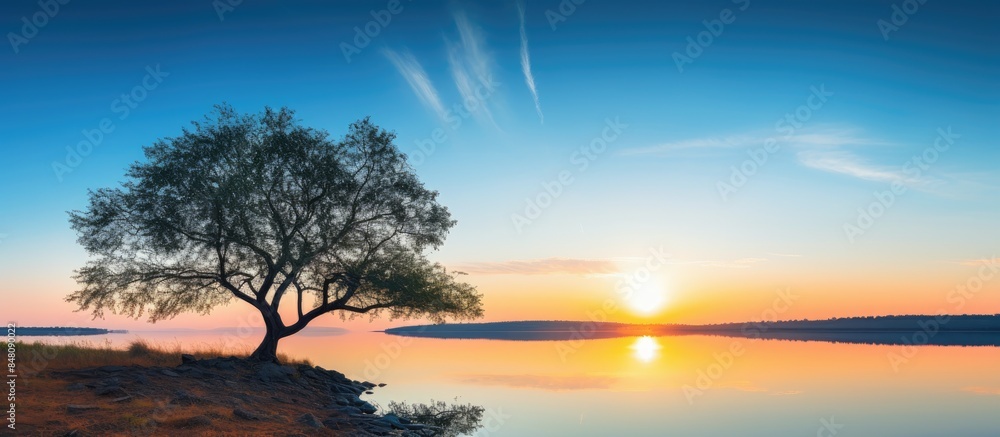 Aufkleber sunset by the lake with blue sky and tree. creative banner. copyspace image