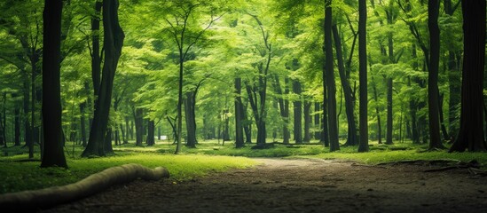 Pretty Green Trees in the forest. Creative banner. Copyspace image