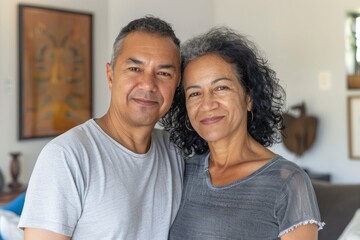Fototapeta premium Portrait of a tender mixed race couple in their 50s dressed in a casual t-shirt over crisp minimalistic living room