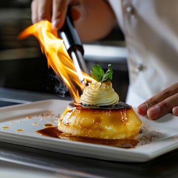 A chef using a culinary torch to caramelize the top of a dessert, adding a golden finish.