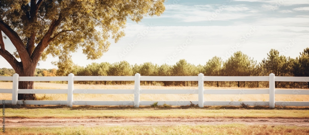 Poster white fence with farm landscape trees as background copy space