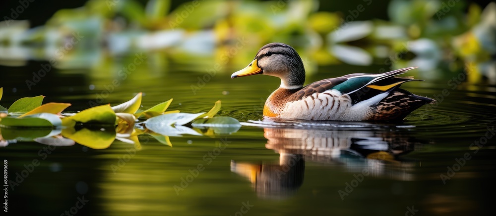 Poster beautiful duck in the pond. creative banner. copyspace image