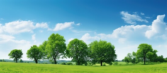 Green forest and blue sky. Creative banner. Copyspace image