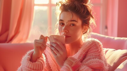 Obraz premium A woman in a cafe relaxes with a hot beverage in a mug 
