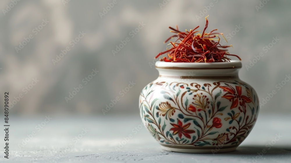 Poster saffron in a fragrant container with a lid on a pale gray surface room for text