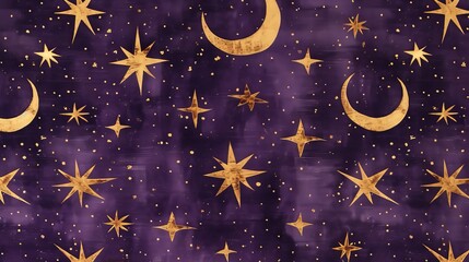 Fototapeta premium realistic purple velvet with pattern of gold moon and gold stars ,stars, stars background, fantasy, magical