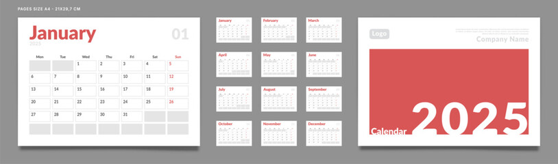 Set of 2025 Calendar Planner Template Pages Monthly, Cover with Place for Photo and Company Logo. Vector layout of a wall or desk calendar with week start Monday for printing. Page size A4-21x29.7cm