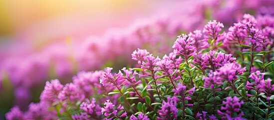 Obraz premium Thyme Thymus vulgaris plant growing in the herb garden. Creative banner. Copyspace image