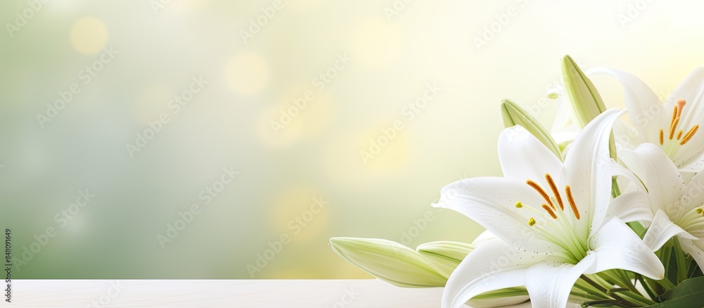 Poster white lily bouquet fresh flowers background hello spring. creative banner. copyspace image