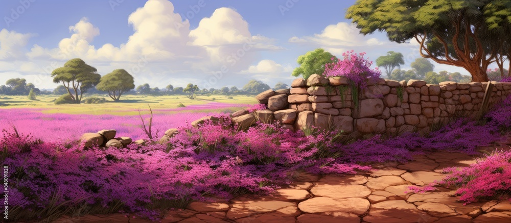 Wall mural african sunny landscape big brick fence with many purple and violet flowers on a sunny day. creative - Wall murals