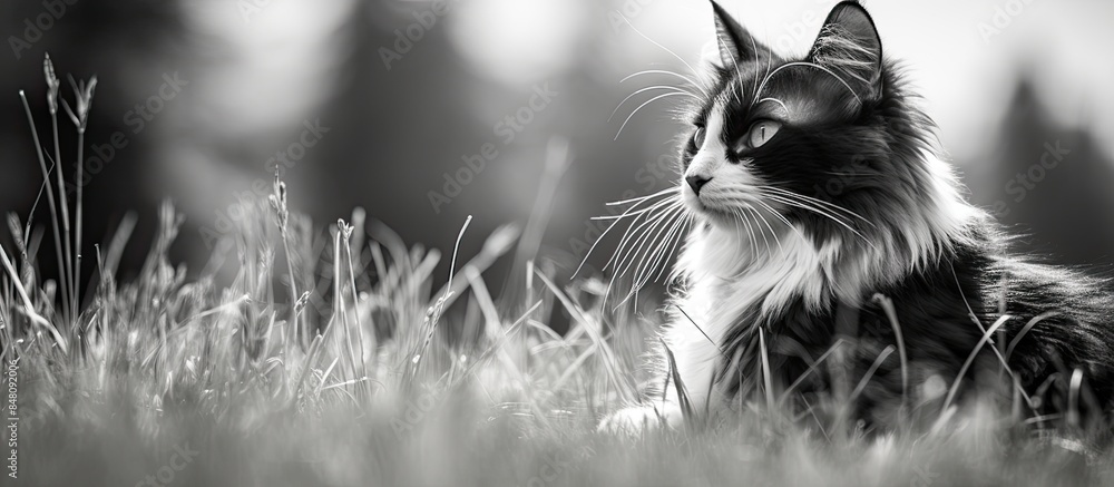 Poster black and white cat lying on the grass in the backyard. creative banner. copyspace image