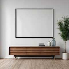 Mockup poster frame on the white wall of living room background, modern interior design, frame mockup