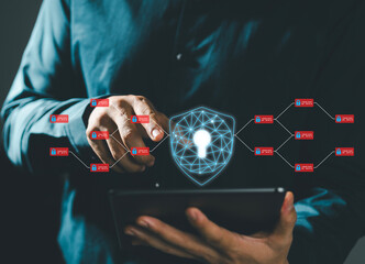 Businessman's hand pressing on iPad. Cyber ​​shield. Lock. Security system. Abstract technology. Globe. Digital link. High tech cyber security system. Fingerprint Lock Keyboard