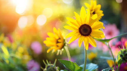 Obraz premium Close-up of a vibrant yellow sunflower in full bloom, set against a colorful, blurred background of other flowers. The bright sunlight creates a warm and cheerful atmosphere