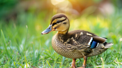 Fototapeta premium Close-up of yellow little duck on the green grass