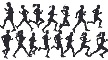 A selection of polished black silhouettes illustrating the fluid motion of individuals engaged in running exercises, perfect for various design applications.
