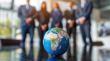 Corporate businesspeople standing around world globe, blurred background