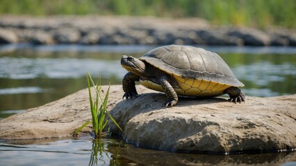 Fototapeta premium Turtle basking on a rock by the water