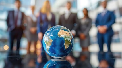 Corporate businesspeople standing around world globe, blurred background