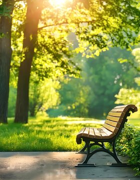 park bench in gentle sunshine and green park in the background